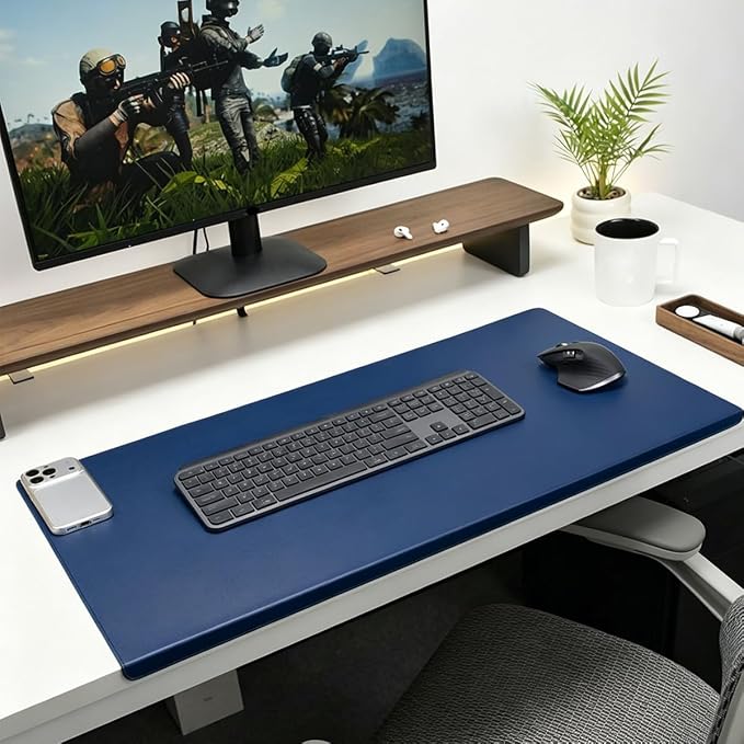 Edge-Locked Leather Desk Pad, Desk Blotter with Full Grip Fixation Lip, Waterproof Large Office Table Mat, Non-Slip Laptop Mouse Pads for Work Typing Writing (Navy,39.4"x23.6")