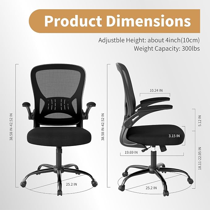 Youhauchair Adjustable Mesh Ergonomic Office Chair with Wheels, Black | Flip-up Arms, Lumbar Support, Home Desk Chair, Height Adjustable, Breathable, Mid Back Swivel Compurter Chair, Set of 1