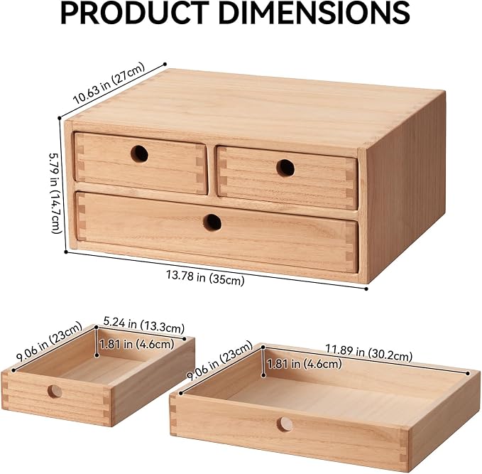 KIRIGEN Wood Desk Organizer with 3 Drawers, Desktop Storage, Natural 23-NA | Wooden Desktop Drawer Hold A4 Papers, Stationery, Jewelry, and Makeup, Fully Assembled for Home Office