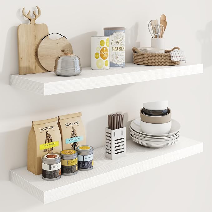 32in Floating Shelves for Wall, 32"W x 9.25"D x 1.25"H, 2 Pack Long Wall Mounted Engineered Wood Shelves with Invisible Brackets for Living Room, Bedroom, Bathroom, Kitchen Decor and Storage, White