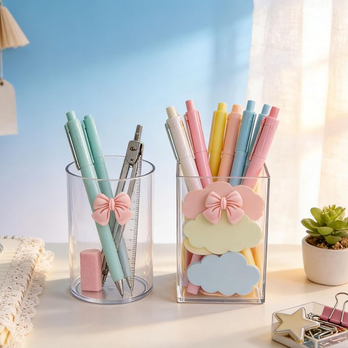 2 Pack Pen Pencil Holder for Desk, Acrylic Desk Organizer with Bow Clear Makeup Brush Holder Cup Desktop Stationery for Office School (Transparent)