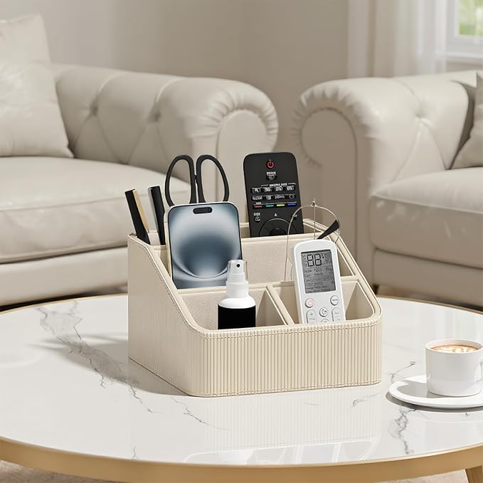 Buqoo Coffee PU Leather Desk Organizer with Gold Accents | 4-Compartment Remote Holder & Stationery Caddy for Office/Nightstand (6.89in×6.69in×3.94in)