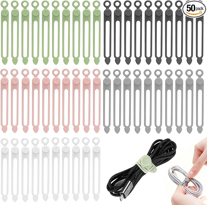 50 Pcs Silicone Cable Ties, Reusable Cable Straps Wire Organizer. | Cable Management Cord Organizer for Fastening Earphone Phone Charger Home Office Desk Kitchen Appliances Cable Cords Wires