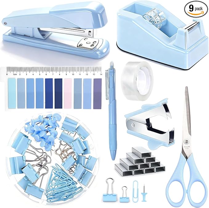 Office Supplies,Blue Desk Accessories,Office Supplies Set,Stapler and Tape Dispenser Set,Scissors,Staple Remover,Binder Clips,Staples,Ballpoint Pen,Index Tabs with Ruler,Clear Tape.9pcs for Office