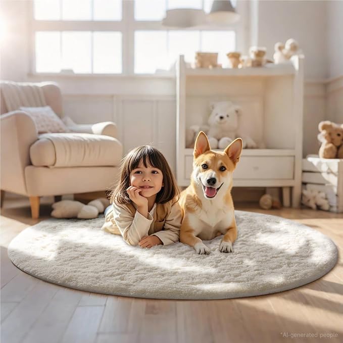 Ophanie Round Washable Rugs 5Ft Ivory Circle Area Rug,Baby Nursery Living Room Bedroom Decor Circular Carpet 5 Foot,Fluffy Fuzzy Shag Plush Cream for Kids Boys Girls Teen with Over 99 pcs Pile fibers
