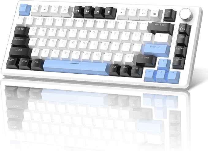 MageGee 75% Mechanical Gaming Keyboard, Compact Blue Backlit Wired Gaming Keyboards with Brown Switches, EVA Foam, Knob Control, STAR75 Portable NKRO PC Gaming Keyboard - White & Blue