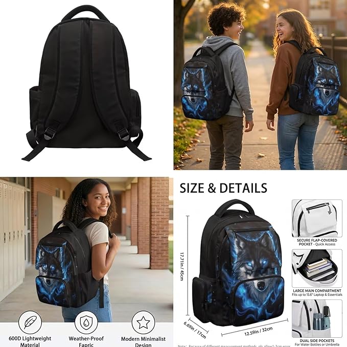 Cool Wolf Backpack with Lunchbox for School Boys Bookbag 4-in-1 Set with Lunch Box Water Bottle Sleeve Pencil Case Back to School Supplies Birthday Present for Kids