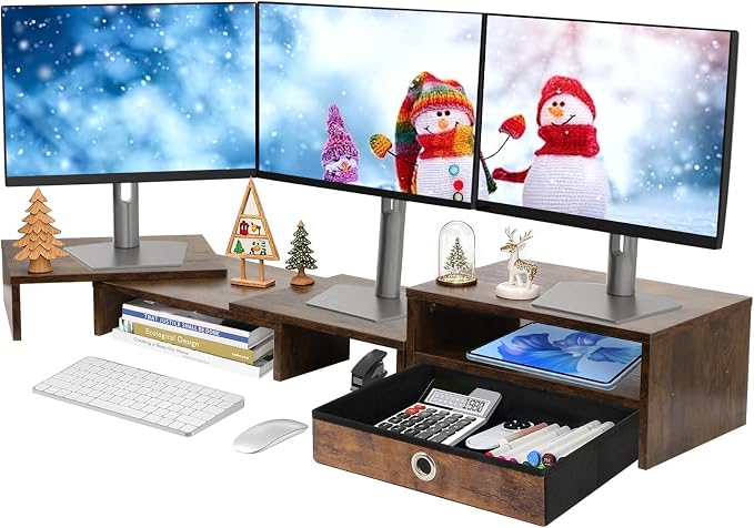 Monitor Riser for 3 Monitors, Angle Adjustable Monitor Stand with Drawer | Dual Monitor Stand for Desk, Dual Monitor Stand with Storage, Wooden Extra Long Triple Monitor Riser up to 52", Rustic Brown
