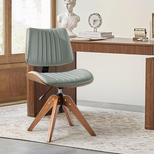 HULALA HOME Faux Leather Home Office Desk Chair No Wheels, Sage | Mid-Century Modern Desk Chair with Wood Legs, 360° Swivel Computer Task Chair with Channel-Tufted Backrest, Height Adjustable