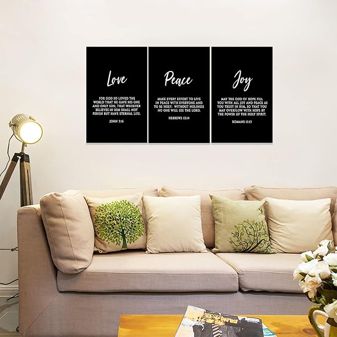 3 Piece Inspirational Wall Art, Black Sayings Prints Picture, Quotes "Love Peace Joy" Motivational Canvas Art for Religious Decor Gifts, Stretched And Framed Artwork for Home Wall Decor (48"Wx24" H)