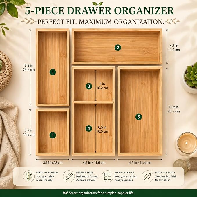 ABABIL Bamboo Drawer Organizer Set of 5, Wooden Storage Tray Inserts for Kitchen, Bathroom, Office, Makeup, Jewelry, Utensils, Desk Accessories and Vanity Drawers, Brown