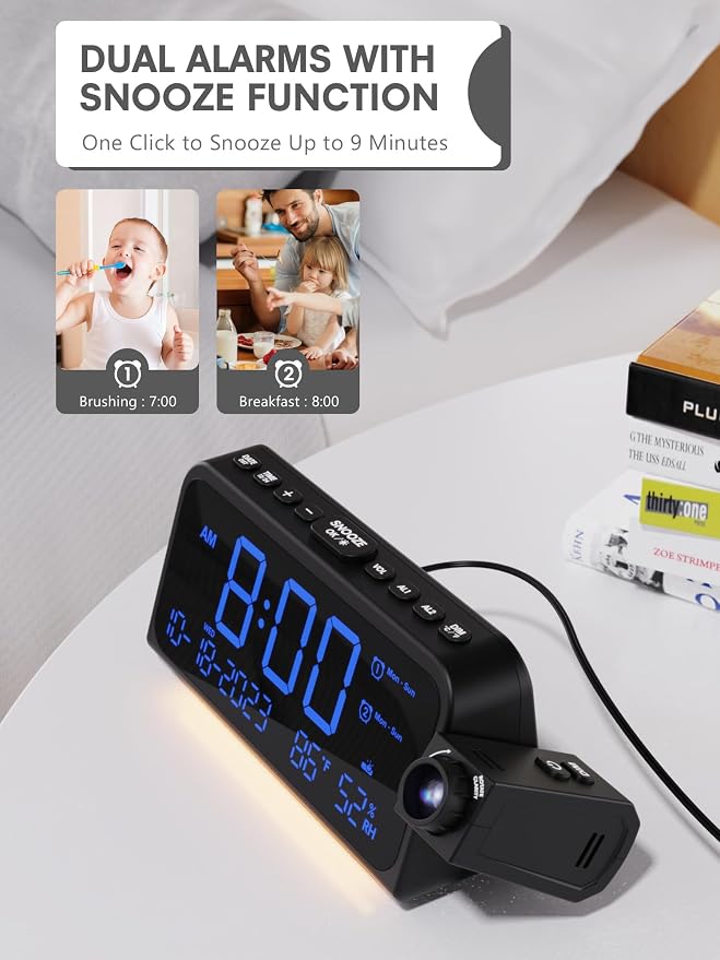 Mesqool Projection Alarm Clock Ceiling Display, with Temperature, Humidity | Dual Alarms, 5-Level Dimmer, Date, Night Light, Weekday/Weekend Mode, 12/24H, DST, , Snooze, 180° Rotatable, for Bedroom
