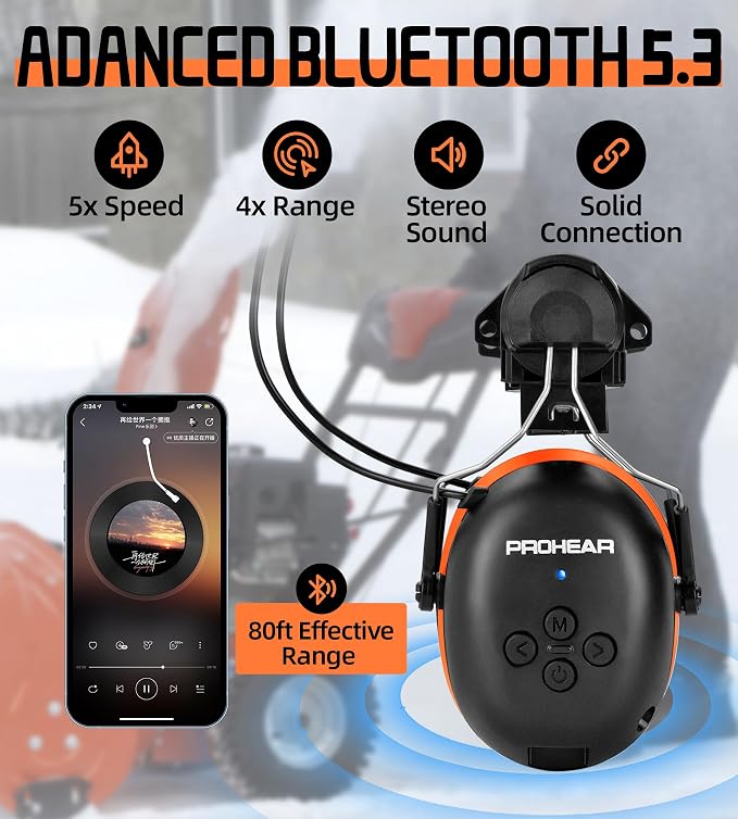 PROHEAR 037BR04 Bluetooth Hearing Protection with Adapter for 3M H-700 Hard Hats/DEWALT Hard Hat, 40H Playtime Safety Headphone for Construction Worker, Mowing - Orange