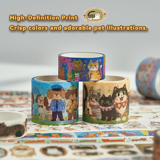 Cat & Dog Washi Tapes Set 20 Rolls, Cute Decorative Masking Tape for Junk Journal, Scrapbooking Supplies, DIY Crafting Supplies