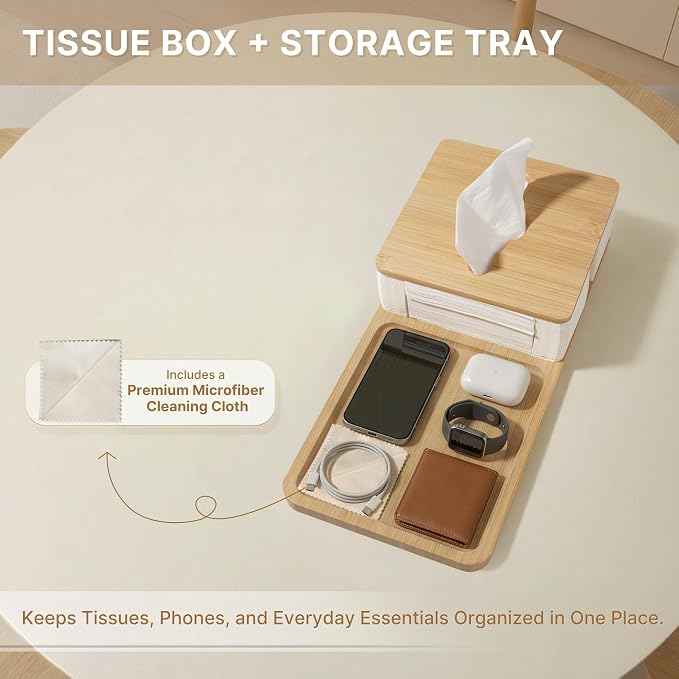 Bamboo Tissue Box Holder with Organizer Tray for Desk, Nightstand, Home | Decorative rectangle tissue box cover for nightstand, office desk, living room and bedside table, fits standard boxes