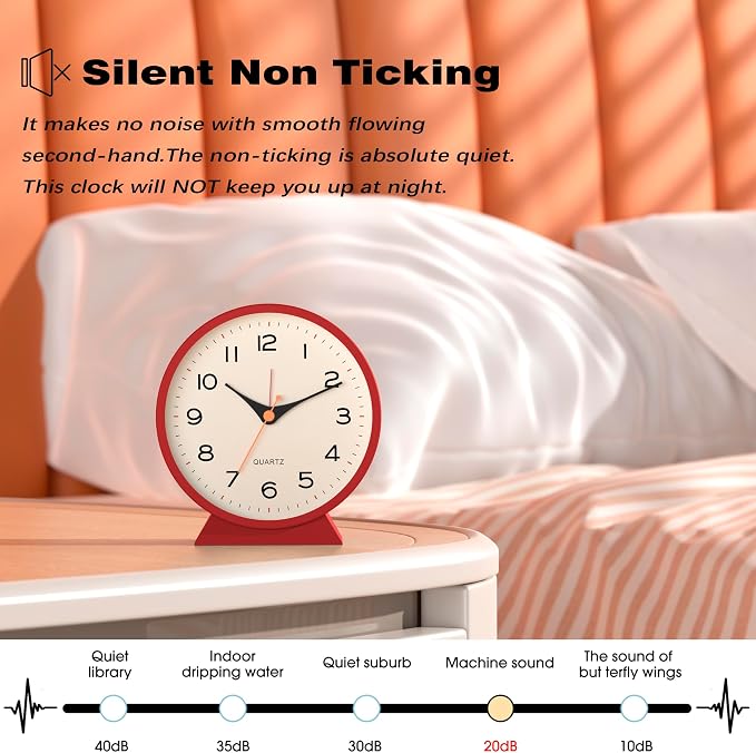 AYRELY® 4.5" Analog Alarm Clock, Small Retro Desk Clock and Table Clock | Battery Operated, Silent Metal Table Clock with Light for Living Room Decor, Bedroom, Bedside and Shelf (Red)