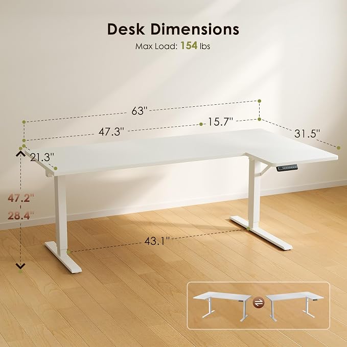 OffiGo Electric L Shaped Standing Desk, 63 Inches Height Adjustable Table, Reversible Corner Stand Up Desk, Lifting Computer Table for Home Office, Computer Workstation, White