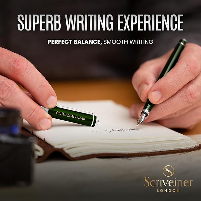 Scriveiner Personalized British Racing Green Fountain Pen - Stunning Green Lacquer Luxury Pen w/Chrome Finish, German Schmidt Nib (Medium), Best Engraved Pen Gift Set for Men & Women, Name Engraving