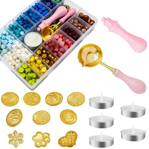 917Pcs Letter Sealing Kit Contains 18 Colors Wax Seal Beads, 10Pcs Stamps with Handle, Wax Spoon and Candle for Christmas Gift Wrapping & Envelope Sealing, Wedding Invitation