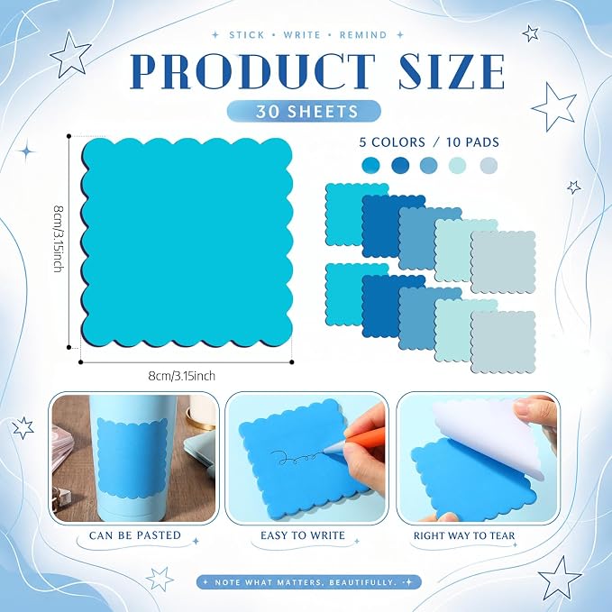 Epakh 10 Pack Scalloped Sticky Notes Bulk 3"x3" Cute Aesthetic Memo Pads 5 Gradient Colors Wavy Self Notepads for Office Study and Daily Life Organization, 300 Sheets(Blue)