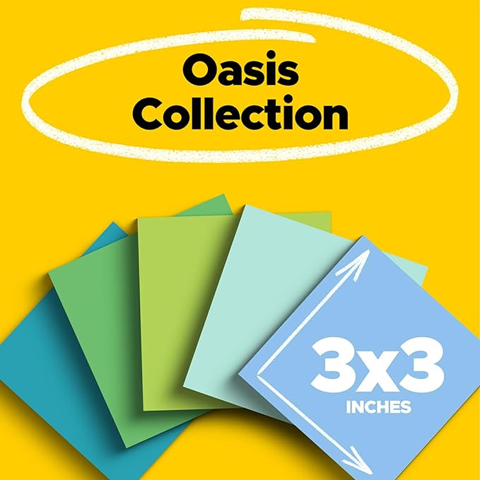 Post-it 100% Recycled Paper Super Sticky Notes, 3 in. x 3 in., 5 Pads, 70 Sheets per Pad, Oasis Collection, New Year Organization or Second Semester School Supplies