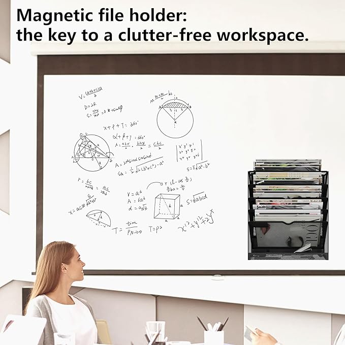 6 Tier Magnetic File Holder, Large Capacity Mesh Hanging Wall Organizer Vertical Magnetic Hanging File Organizer, Magnetic File Folder Holder for File Cabinets, Office, Whiteboard (Black)