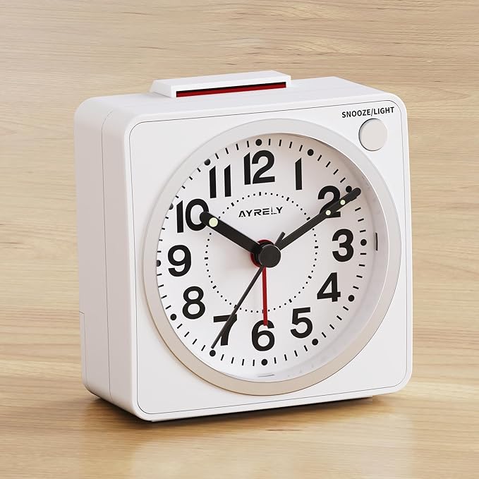 AYRELY® 2.6" × 1.4" Ultra Small Battery Operated Analog Travel Alarm Clock | Silent Non-Ticking Retro Bedside Table Clock with Snooze, Light and Easy Top Alarm Switch for Travel and Bedrooms (White)