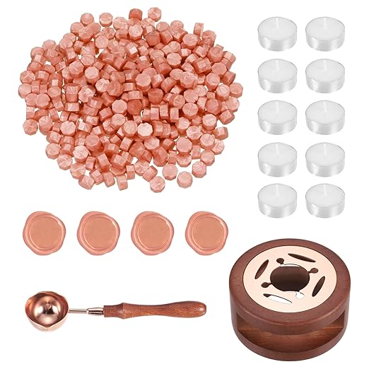 PATIKIL Wax Seal Kit, 300 Pcs Wax Sealing Beads, Wooden Warmer, Melted Spoon, 10 Pcs Tealight Candles for Envelope Letter Mailing Crafts DIY, Orange Red