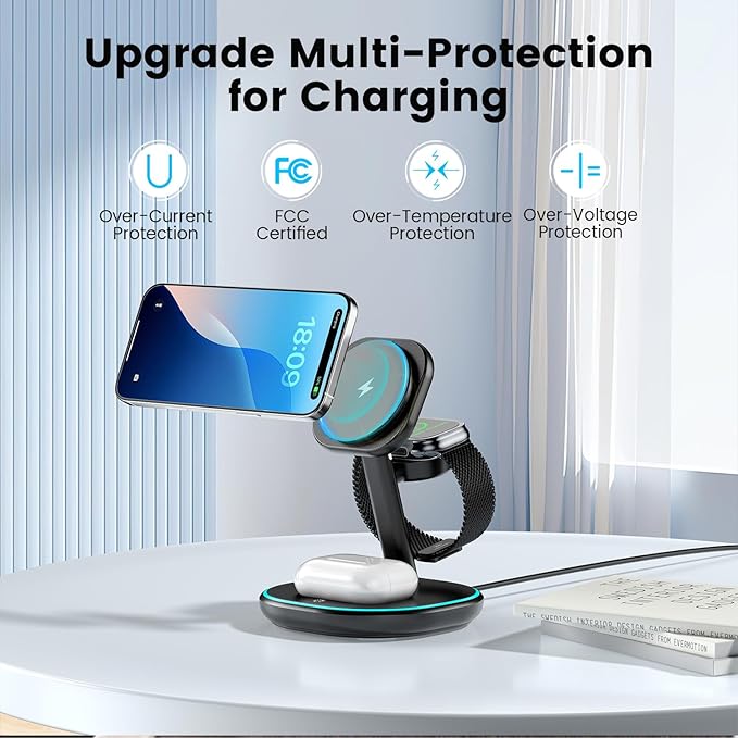 3-in-1 Charging Station, 2X Faster 15W Wireless Charging Station for iPhone 16/15/14/13/12, for Apple Watch, AirPods, Magnetic Wireless Charger with Sleep Friendly Light