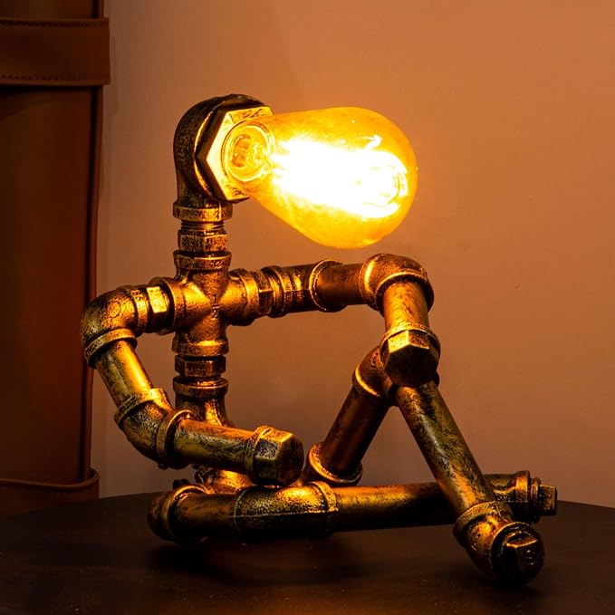 Steampunk Table Lamp, Vintage Industrial Metal Robot Table lamp, Water Pipe Table Lamp, Steam Punk Pipe Lamp Style Desktop Light for Bar Cafe Desktop Room Decoration