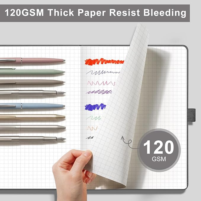 AHGXG Graph Grid Paper Notebook, 160 Pages, A5 Medium Size (5.7'' x 8.3''), 120 GSM Thick Paper, Leather Hardcover, for School, Students, Math, Engineering (Gray)