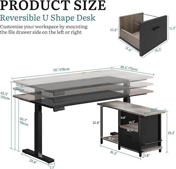YITAHOME L Shaped Standing Desk with Power Outlets, 70.1" Electric Standing Desk Adjustable Height Sit Stand Corner Standing Desks Executive Desk with Drawers & Shelves, Grey + Black