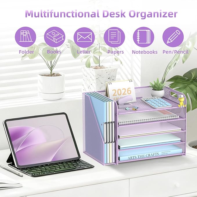 5-Tier Desk Organizer with File Holder, Paper Organizer for Desk, Purple | 5 Letter Trays and Vertical File Holder with Metal Mesh Frame for Papers Folders Books and Mail in Office Home or School