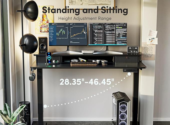 FEZIBO 40 x 24 Inch Height Adjustable Electric Standing Desk with Double Drawer, Computer Desk, Home Office Stand Up Table with 4 Height-Adjustable Feets & 2 Hooks, Black