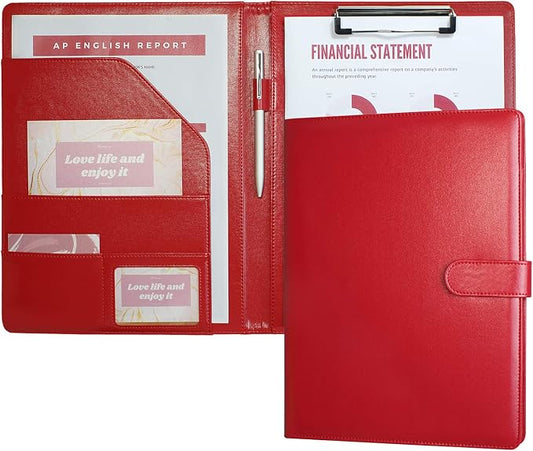 Mymazn Padfolio Clipboard Folder Portfolio, Faux Leather Storage Clipboard with Cover for Legal Pad Holder Letter Size A4 Writing Pad for Business School Office Conference Notepad Clip Boards (Red)
