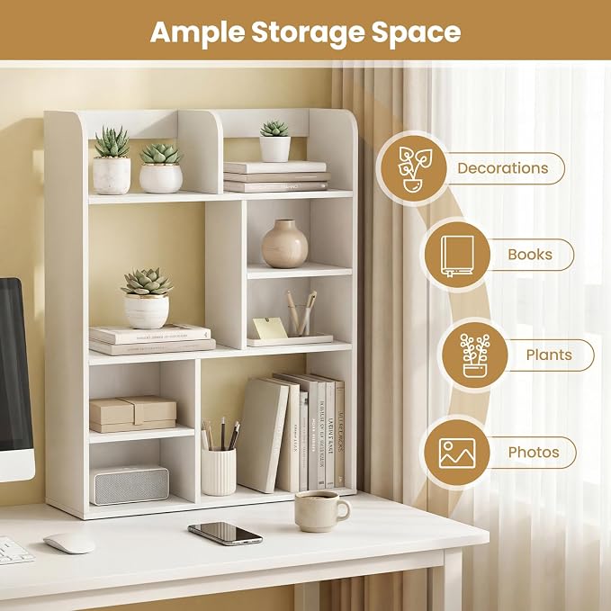 Tangkula Desktop Bookshelf, 5-Tier Desktop Display Rack with 4 Open Shelves & 4 Cubes, Modern Tabletop Bookcase Organizer for Computer Desk, Countertop Storage Hutch for Home Office Dorm (White)