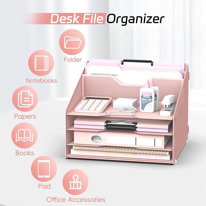 Desk File Organizer, 4 Letter Trays and 2 Upright Sections, Pink | Paper Organizer for Desk with Tiered Letter Trays and Vertical File Holders for Home Office, School and Workspace Use