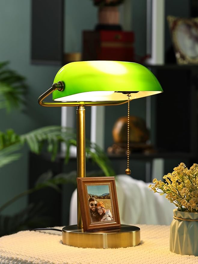 Traditional Green Glass Bankers Desk Lamp with Pull Chain Switch Plug in Fixture,LED Bulb Included