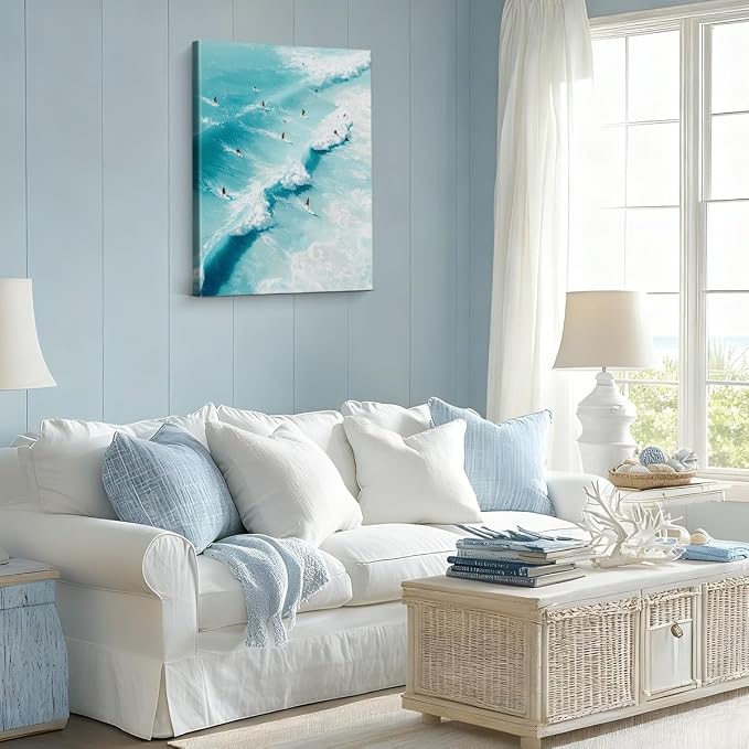 Coastal Ocean Surfing Wall Art Decor Nautical Beach Surf Painting Picture Artwork Blue Ocean Wall Decor for Home Beach Room Bedroom 8x10 Canvas Framed