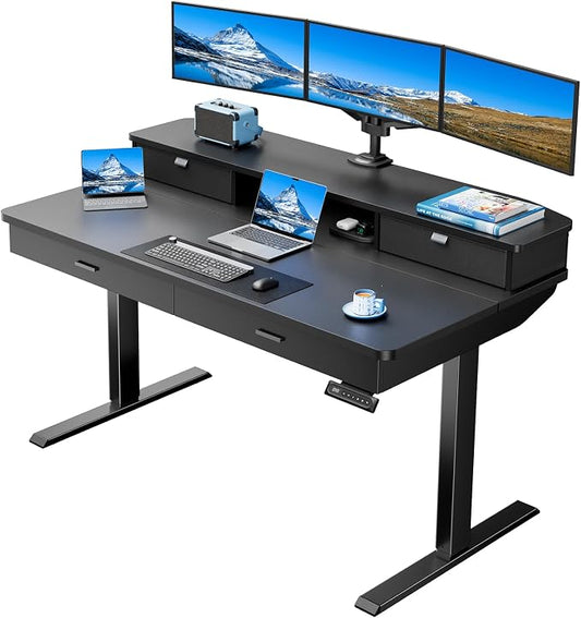 HUANUO 55 x 30 inch Electric Standing Desk with 2 Wood Drawers, Adjustable Height Sit Stand Desk for Home Office, Ergonomic Stand up Desk with 4 Memory Presets, 176 lbs Capacity, Black Top