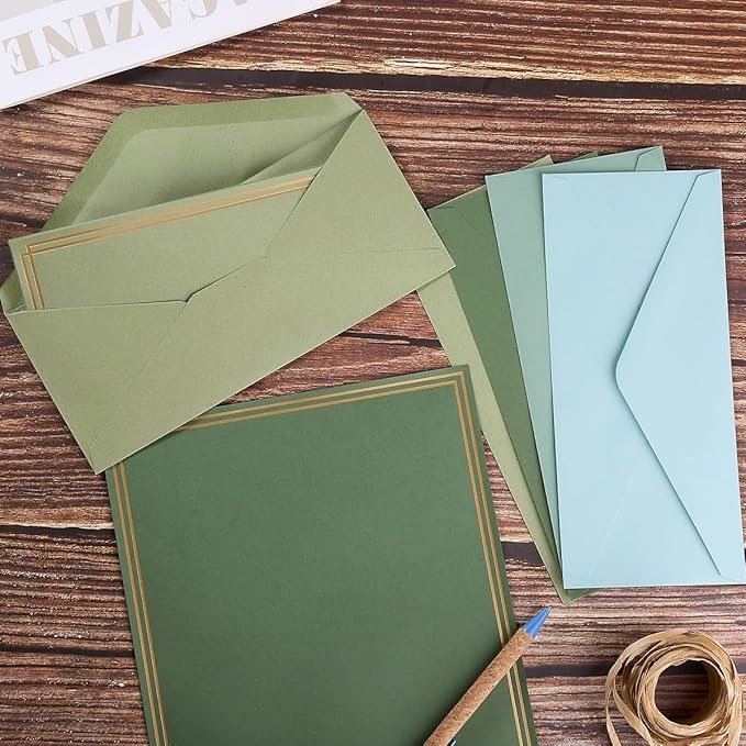 50 Pack Colored Stationery Set, 5 Colors #10 Business Envelopes, 50 Sheets 8.5x11 Paper Sheet and Gold Stickers for Office, Letters, Invitations (Sage-Green)