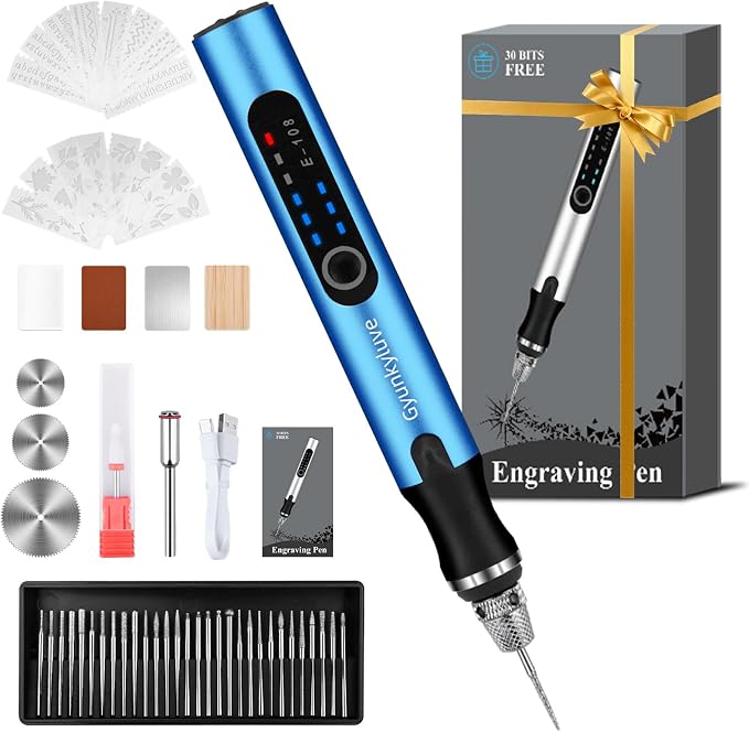 Upgraded Electric Engraving Pen, Wireless Engraving Pen Kit with 34 Bits & 3-Speed Adjust, Practice Materialse & Stencil, Rotary Tool for 60+ Surfaces Cordless Engraver Pen for Artists & DIY