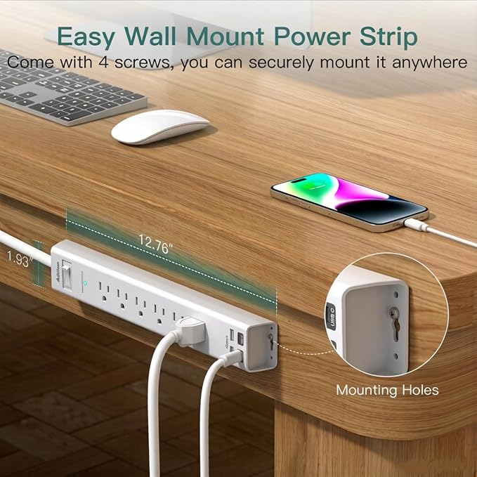 Addtam 15ft Power Strip Surge Protector, 6 Outlets and 4 USB Ports (2 USB C), 15 ft Long Extension Cord with Ultra Flat Plug, Wall Mount Desktop Charging Station for Home Office, Dorm Room
