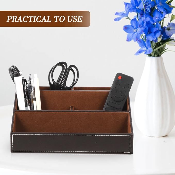 Desktop Sundries Storage Holder Minimalist Contemporary Design Desk Organizer Pu Leather with High Density Board to Keep Desk Clean and Tidy for Office and Home Use