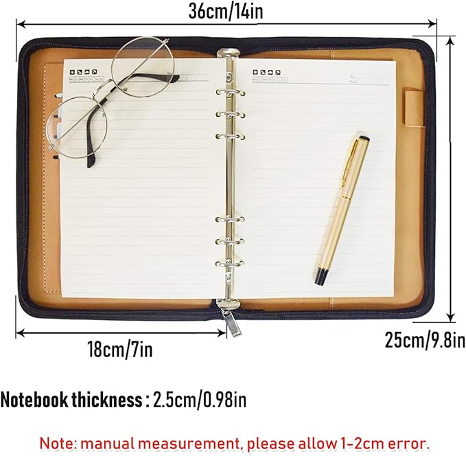 Marte Vanci A5 Padfolio PU Leather Business Portfolio Zippered Conference Folder Organizer 6 Ring Lined Notebook Binder Loose Leaf Refillable Travel Journal Gift for Men (Black)