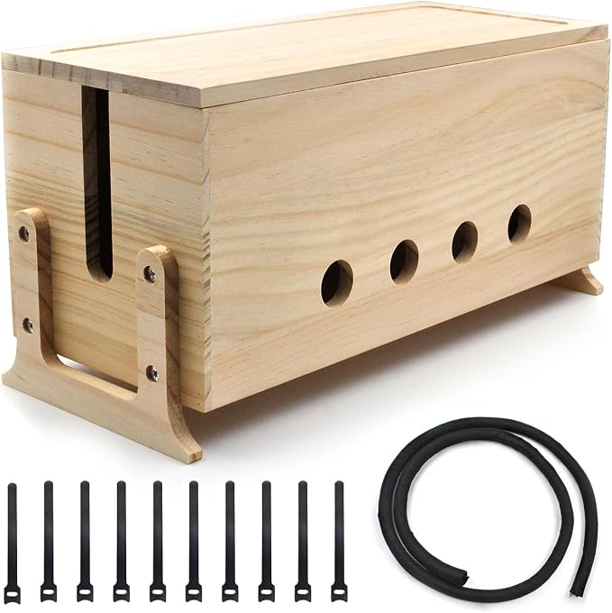 Large Wood Cable Management Box, Natural Cord Organizer 14.2" | Hides power strips & TV wires, 14.2 x 6 x 6.3 inches,Ideal for home & office organization