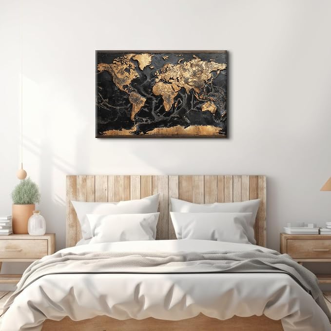 Large Canvas Wall Art World Map for Office Wall Decorations Black and Gold Map of The World Picture Prints Abstract Golden Luxury World Maps Painting Poster Artwork Boys Men Bedroom Home Decor 32x48"
