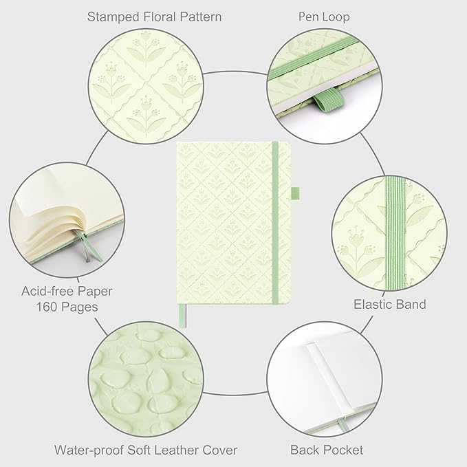 &And Per Se Dotted Journal Notebook, A5 Hardcover Aesthetic Dotted Notebook – 160 Pages 100gsm Thick Dot Grid Paper, 3 Sticker Sheets – Gift-Ready Journaling Kit for Women (Light Green)