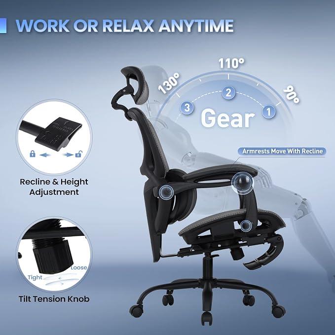MALOL Ergonomic Mesh Office Chair with Footrest, Executive High Back Computer Desk Chair with 3D Adjustable Headrest & 5-Level Lumbar Support, Track Armrest, Tilt Lock, 300LBS, Grey
