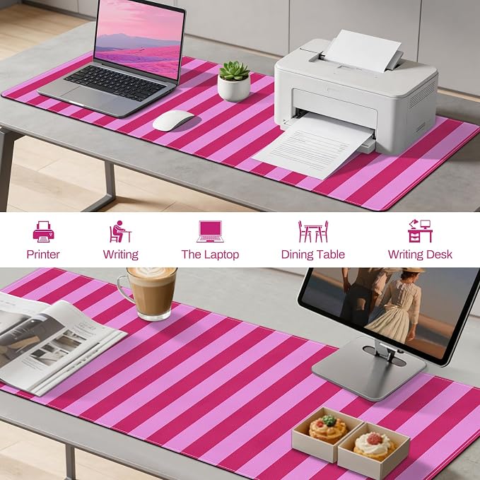 Desk Cover Mat, Big Mouse Pad for Laptop, Aesthetic Computer Pad with Non-Slip Rubber Base, Keyboard Mat for Desktop, Cute Hot Pink Striped Desk Protector for Office Home
